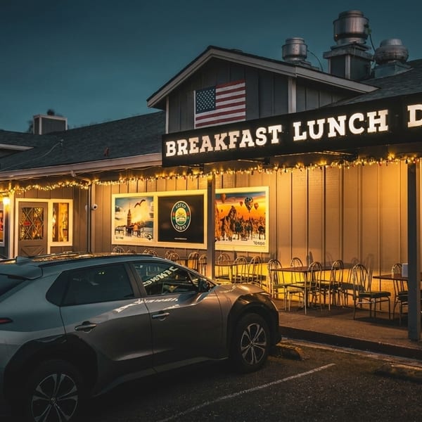 Exterior of Sabah Turkish Cafe at dusk, with illuminated signs, string lights, and parked cars.
