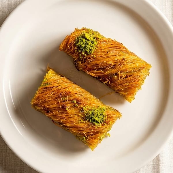Two pieces of golden shredded phyllo dough dessert, topped with green pistachios, on a white plate.