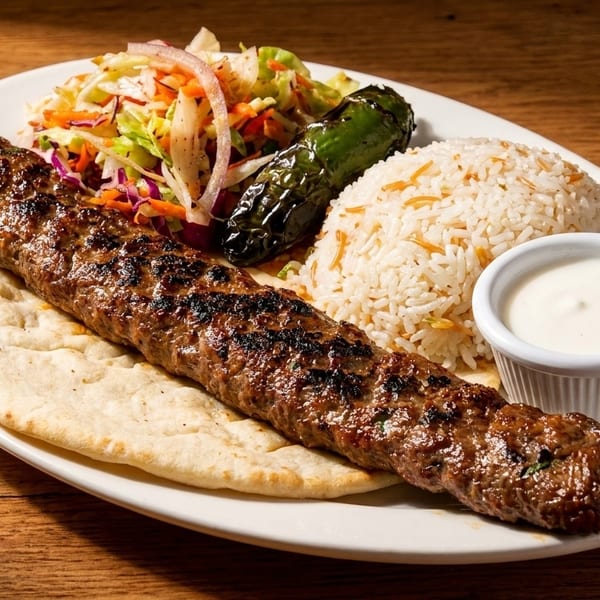 Grilled beef kebab with rice, salad, roasted pepper, pita bread, and white sauce on a plate.