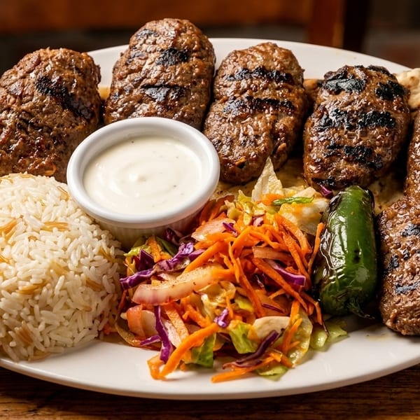 A plate of grilled kofta kebabs, rice, salad, a roasted pepper, and white sauce.