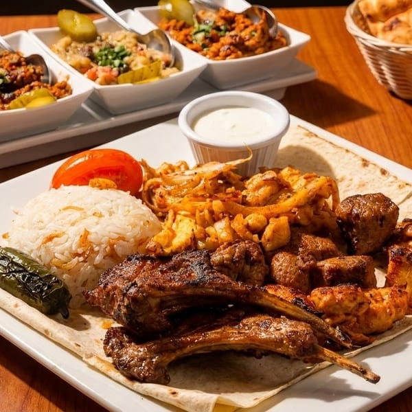 A large platter of grilled meats, rice, and vegetables, with small appetizer dishes and bread.